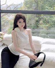 White One Shoulder Ruched Flower Top