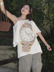 White One-Shoulder Timepiece Print T-Shirt