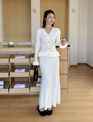 White Peplum Ruffles Fishtail Knit Dress