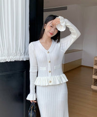 White Peplum Ruffles Fishtail Knit Dress