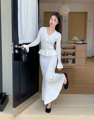 White Peplum Ruffles Fishtail Knit Dress