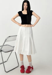 White Pleated Flared Midi Skirt Casual Fit