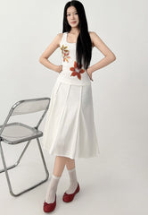 White Pleated Flared Midi Skirt Casual Fit