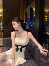 White Pleated Flower Bow Dress