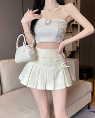 White Pleated Ribbon Mini Skirt