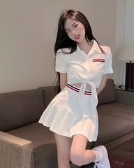 White Pleated Skirt With Red And Blue Banded Waist