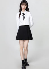 White Polo Collar Long Sleeve Shirt With Tie Front