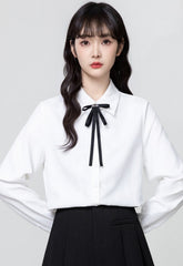 White Polo Collar Long Sleeve Shirt With Tie Front