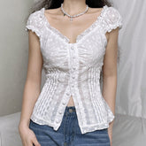 White Puff Sleeve Button-Down Top