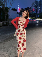 White Red Rose Cowl Neckline Dress