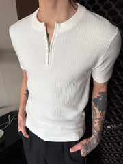White Ribbed Half-Zip Knit Polo Shirt