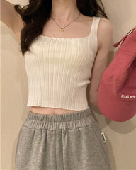 White Ribbed Square Neck Sleeveless Crop Top