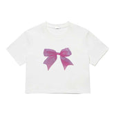White Ribbon Print Cropped T-Shirt
