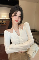 White Ruched Halter Neck Top