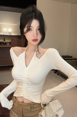 White Ruched Halter Neck Top
