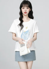 White Ruffle Sleeve Printed Loose Crewneck Tee