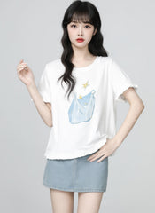 White Ruffle Sleeve Printed Loose Crewneck Tee