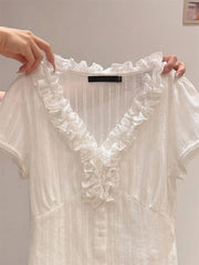 White Ruffle V-Neck Lace Blouse