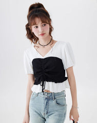 White Ruffled Drawstring T-Shirt