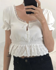 White Ruffled Lace Cropped Top