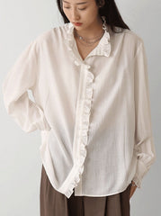 White Ruffled Lining Long Sleeve Shirt
