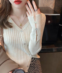 White Slanted Buttons Knitted Cardigan