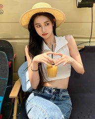 White Sleeveless Collared Crop Top