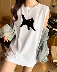 White Spooked Cat Sleeveless T-Shirt
