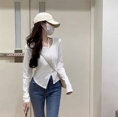 White Strap Irregular Long Sleeves Top