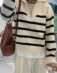 White Stripe Half Zip Sweater