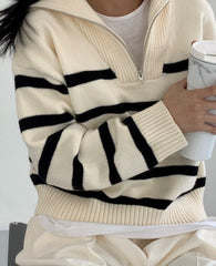 White Stripe Half Zip Sweater