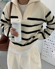 White Stripe Half Zip Sweater