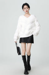 White Vneck Fuzzy Knit Sweater