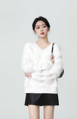 White Vneck Fuzzy Knit Sweater