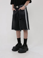 Black Mid-Length Tattered Denim Shorts