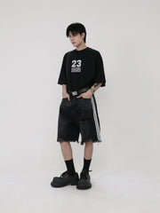 Black Mid-Length Tattered Denim Shorts