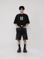 Black Mid-Length Tattered Denim Shorts