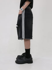 Black Mid-Length Tattered Denim Shorts