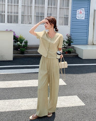 Yellow Casual Relaxed Fit Wide Leg Pants Set
