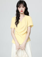 Yellow Cross V Neck Irregular Waist Short Sleeve Shirt