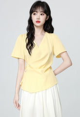 Yellow Cross V Neck Irregular Waist Short Sleeve Shirt
