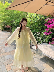 Yellow Fufu Lace Up Long Sleeve Top Skirt Set