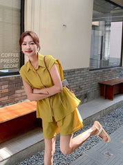 Yellow Korean Style Sleeveless Shirt Commuter Set