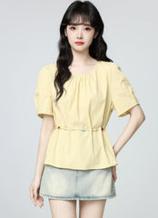 Yellow Puff Sleeve Tie Waist Short Sleeve Blouse