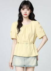 Yellow Puff Sleeve Tie Waist Short Sleeve Blouse