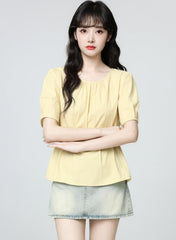 Yellow Puff Sleeve Tie Waist Short Sleeve Blouse