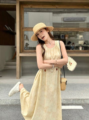 Yellow Tie Dye Sleeveless Waist Slimming Maxi Dress
