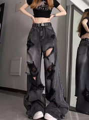 Black Washed Tattered Denim Jeans