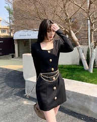 Black Square Neck Long Sleeve Dress With Gold Buttons