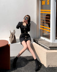 Black Square Neck Long Sleeve Dress With Gold Buttons
